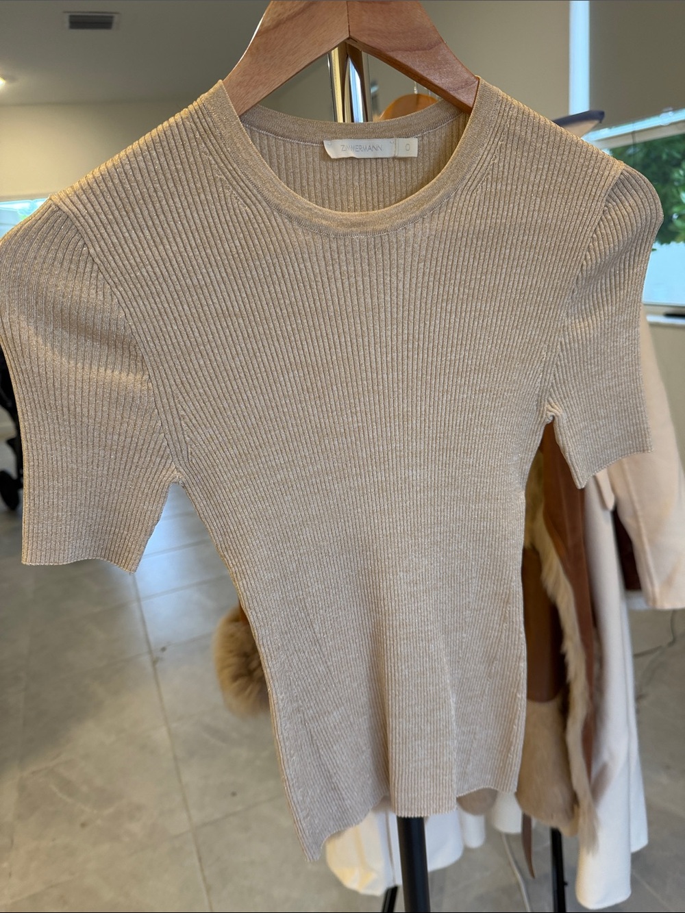 Zimmermann Beige Ribbed Short Sleeve Top